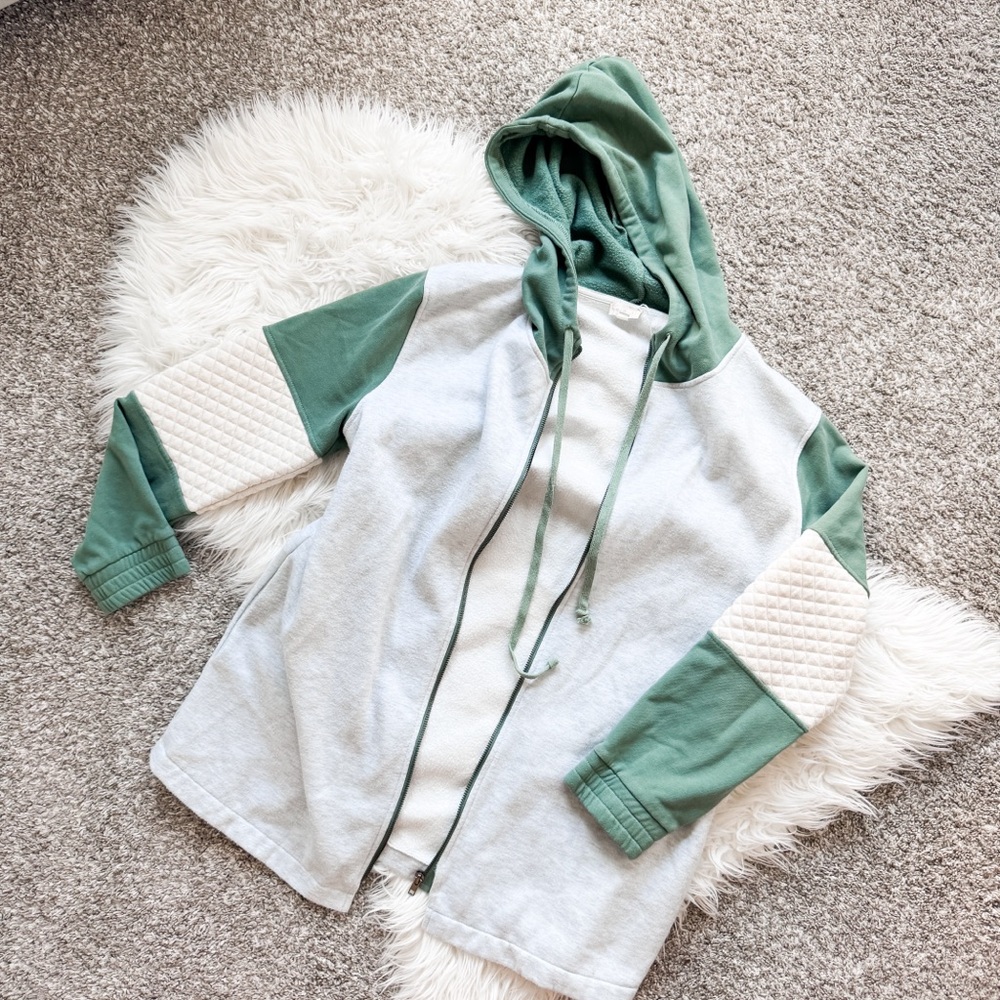 Hem & Thread | Quilted Sleeve Zip-up Hoodie in Sage - Picture 1 of 10